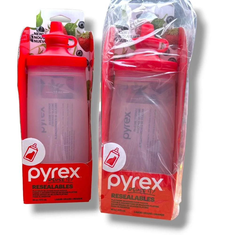 Pyrex Reuse It Resealables 16oz Platinum Silicone Food Pouch Red Set of 2 NEW